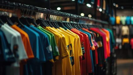 A wide shot of colorful t-shirts hanging on hangers in the display area of an outdoor sports store, featuring high-quality designs and graphics Generative AI