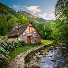 Poster - Stone cottage by a stream