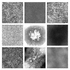 Set of grunge halftone square textures, 9 different distressed overlay textures.