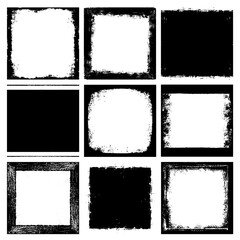 Sticker - Set of grunge black square overlay distressed frame vector elements, transparent, grungy border design, empty space in the middle of each rectangle for text.