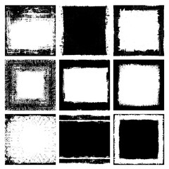 Sticker - Set of grunge black square overlay distressed frame vector elements, transparent, grungy border design, empty space in the middle of each rectangle for text.