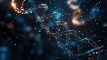 Disturbance of particles, opening the door to the molecular world. The molecules evolve and converge into a double-helix DNA structure, spiral structure and the display angle keeps changing