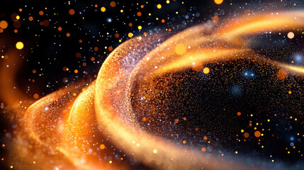 Poster - Abstract background featuring swirling vibrant orange and gold particles against a deep black backdrop, creating a dynamic visual effect