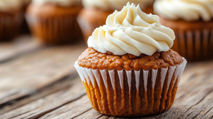 Close-up of freshly baked cupcake topped with creamy frosting, placed on rustic wooden background for dessert or bakery concept