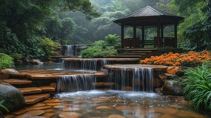 Poster - Serene Waterfall in a Lush Garden