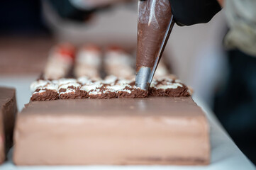 Baker decorating chocolate cake. Background with selective focus and copy space.