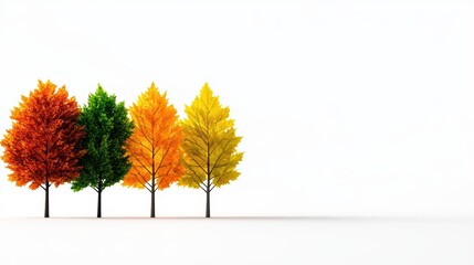 Wall Mural - a colorful display of four trees showcasing vibrant autumn foliage against a minimalist white backgr