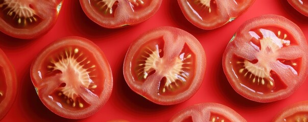 Close-up of fresh tomato slices arranged in a vibrant pattern on a red background highlighting healthy eating and colorful food presentation