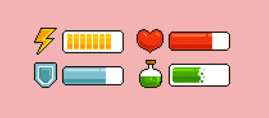 Poster - Retro pixel game loading progress bar pixel elements set with health scale hearts. Retro 8-bit video game design with health loading scale, energy. Arcade video game elements. Editable pixel vector