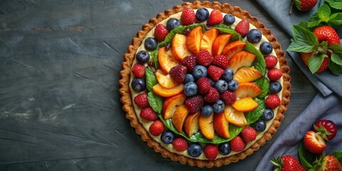 A vibrant fruit tart arranged in a colorful circular pattern.