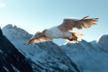 Sticker - Image of a majestic white eagle with speckled wings soaring in the sky over snow-capped mountains. The bird is captured mid-flight with its wings fully extended.