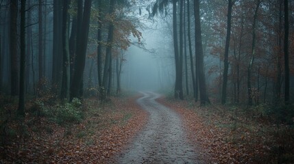 Poster - Misty Autumn Forest with Winding Path and Towering Trees