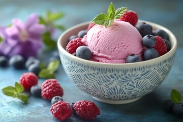 Delicious ice cream with berries in bowl on table, closeup.