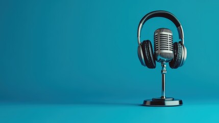 Retro microphone and headphones on a blue background. music concept