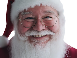 Close-up of Santa Claus smiling, showing his white beard and red hat on a white background.