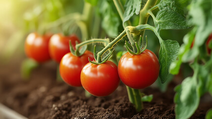 A tomato plant in early stages of growth, vibrant red tomatoes contrasting with deep brown soil, soft natural light