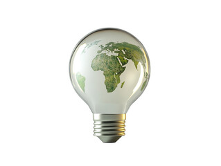 Lightbulb with green world map symbolizing eco-friendly energy on white background. PNG transparent.