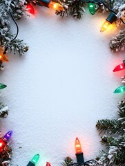 Wall Mural - snowy christmas background with colorful lights around the edge. text space. ai generated image