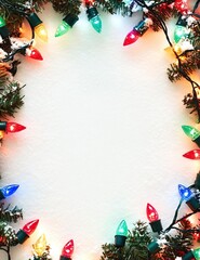 Wall Mural - snowy christmas background with colorful lights around the edge. text space. ai generated image