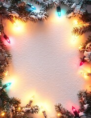 Wall Mural - snowy christmas background with colorful lights around the edge. text space. ai generated image