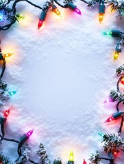 Wall Mural - snowy christmas background with colorful lights around the edge. text space. ai generated image