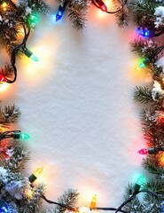 Snowy Christmas background with colorful lights around the edge. Text space. AI generated image