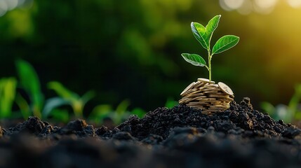 Earth with plant sprouting from its core surrounded by money symbols, eco-friendly investment, global green finance, sustainability