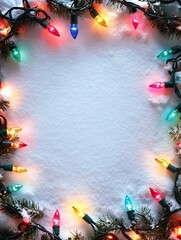 Wall Mural - snowy christmas background with colorful lights around the edge. text space. ai generated image