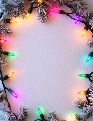 Wall Mural - snowy christmas background with colorful lights around the edge. text space. ai generated image