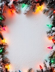 Wall Mural - snowy christmas background with colorful lights around the edge. text space. ai generated image