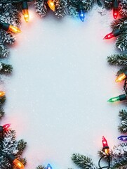 Wall Mural - snowy christmas background with colorful lights around the edge. text space. ai generated image