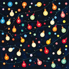 Colorful string Christmas lights in various patterns against dark and light backgrounds. AI generated image