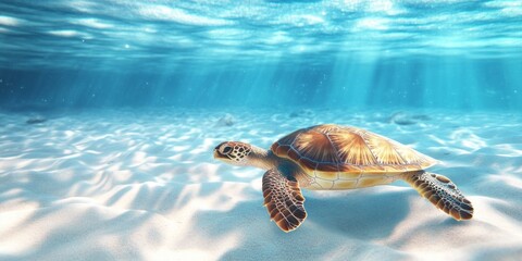 Wall Mural - A beautiful sea turtle gliding gracefully underwater. The serene blue tones and sunlight create a tranquil atmosphere. Captured in a natural marine setting. AI