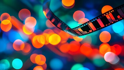 Vibrant abstract background showcasing a blend of red, orange, blue, and green hues adorned with blurred bokeh lights and dynamic film strips