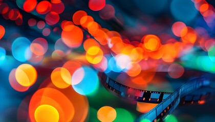 Vibrant abstract background showcasing a blend of red, orange, blue, and green hues adorned with blurred bokeh lights and dynamic film strips