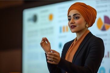 Confident Businesswoman Delivering Presentation in Modern Office