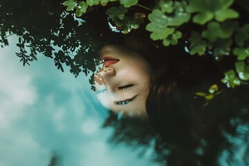 Wall Mural - Mysterious woman looking up from water, surrounded by greenery. Nature, reflection, peace, and serenity concepts