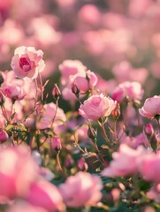 Canvas Print - Soft pink roses blooming in a sunny garden during springtime afternoon