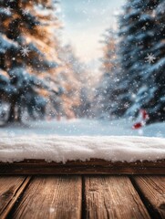 Wall Mural - Wooden table snowy trees winter nature bokeh background, empty wood desk product display mockup snow landscape blurry abstract backdrop ads showcase Christmas time presentation. Mock up, copy space.