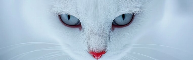 A close-up of a white cat with striking blue eyes and pink nose