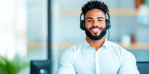 Focused professional in headphones at modern office, perfect for business communication and tech solutions.