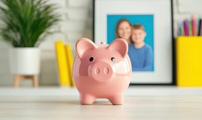 Cute pink piggy bank on a bright desk, symbolizing savings and financial planning for a secure future.