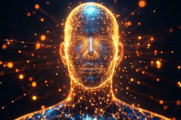 Poster - Glowing human shaped figure composed of abstract light patterns representing artificial intelligence and human connection