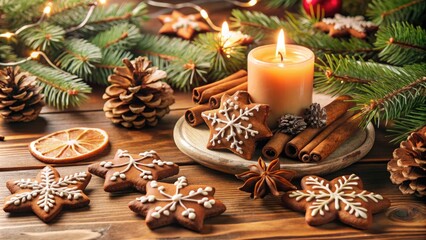 Festive holiday table with candles, cookies, and pinecones.