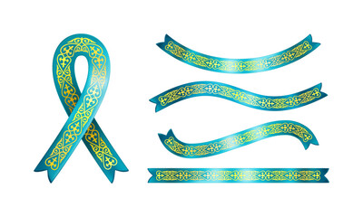 Wall Mural - set of different blue ribbons with golden traditional kazakh ornament isolated on a white background