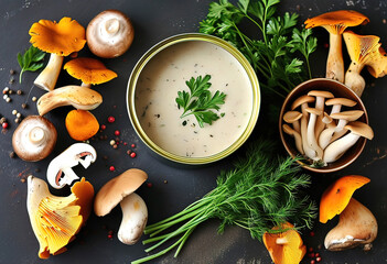 Wall Mural - bowl of mushroom cream soup. beautiful serving, delicious home-cooked food, dish in the restaurant