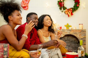 A group of friends celebrates Christmas together at home, enjoying drinks and laughter around a cozy living room. A decorated Christmas tree lights up the background, adding warmth to the holiday.