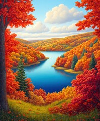 Wall Mural - Vibrant autumn landscape with colorful trees and serene lake view