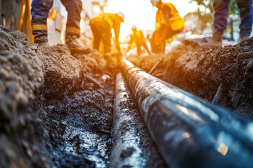 Construction workers install underground utility and services pipe.