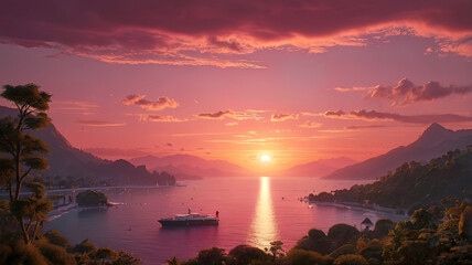 Wall Mural - pink sunset, beautiful sunset on the sea, beauty of nature and landscapes